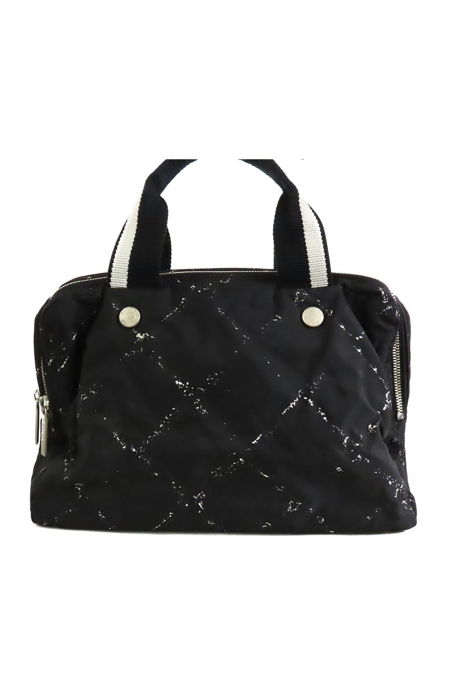 Chanel Vintage Travel Line Mini Boston Bag Black White Silver Nylon Vinyl